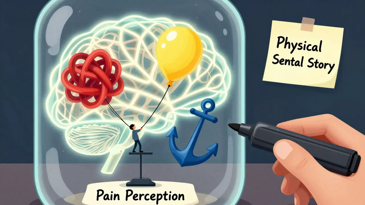 Abstract illustration showing rumination, magnification, and helplessness as entities amplifying pain signals.