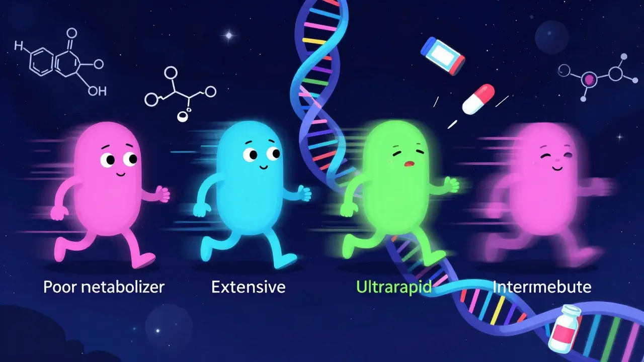 DNA helix turning into diverse characters representing metabolism speeds