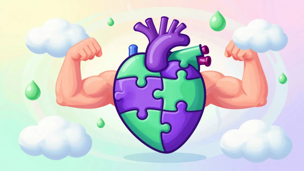 Illustration of colorful puzzle pieces forming a muscle, fueled by nutrient drops