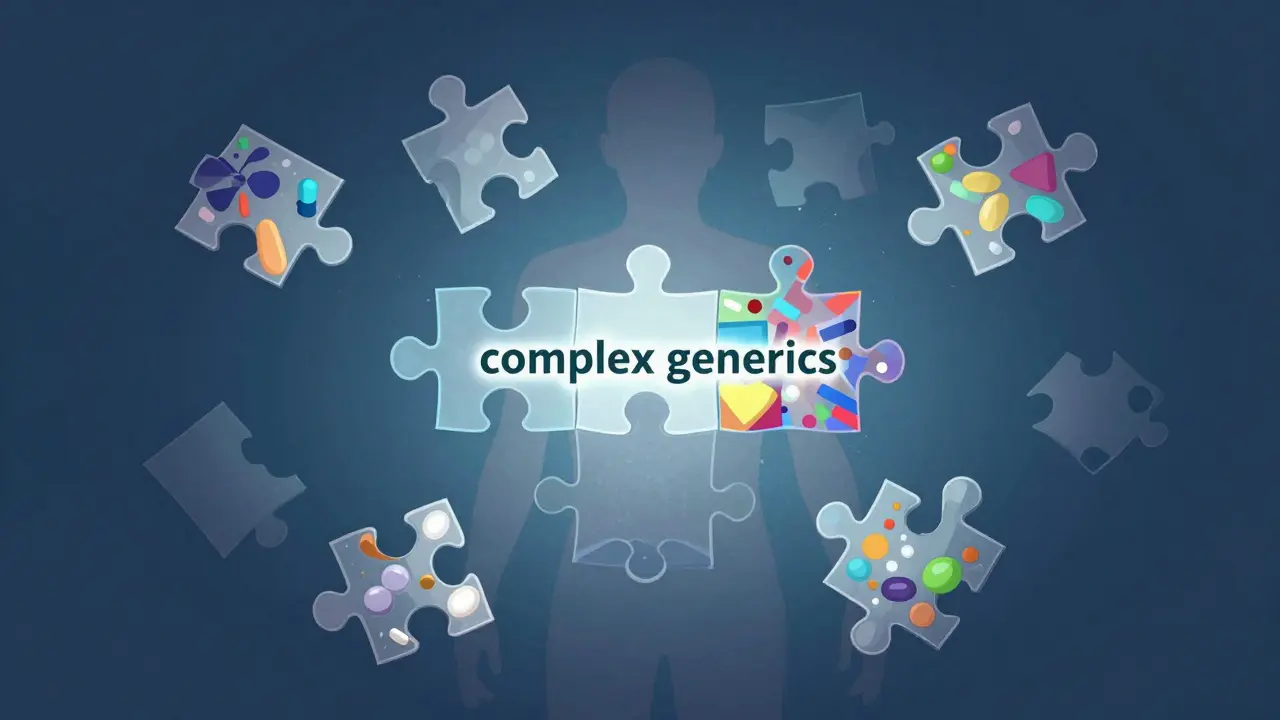 Surreal art depicting complex generic drugs as intricate puzzles with hidden ingredients