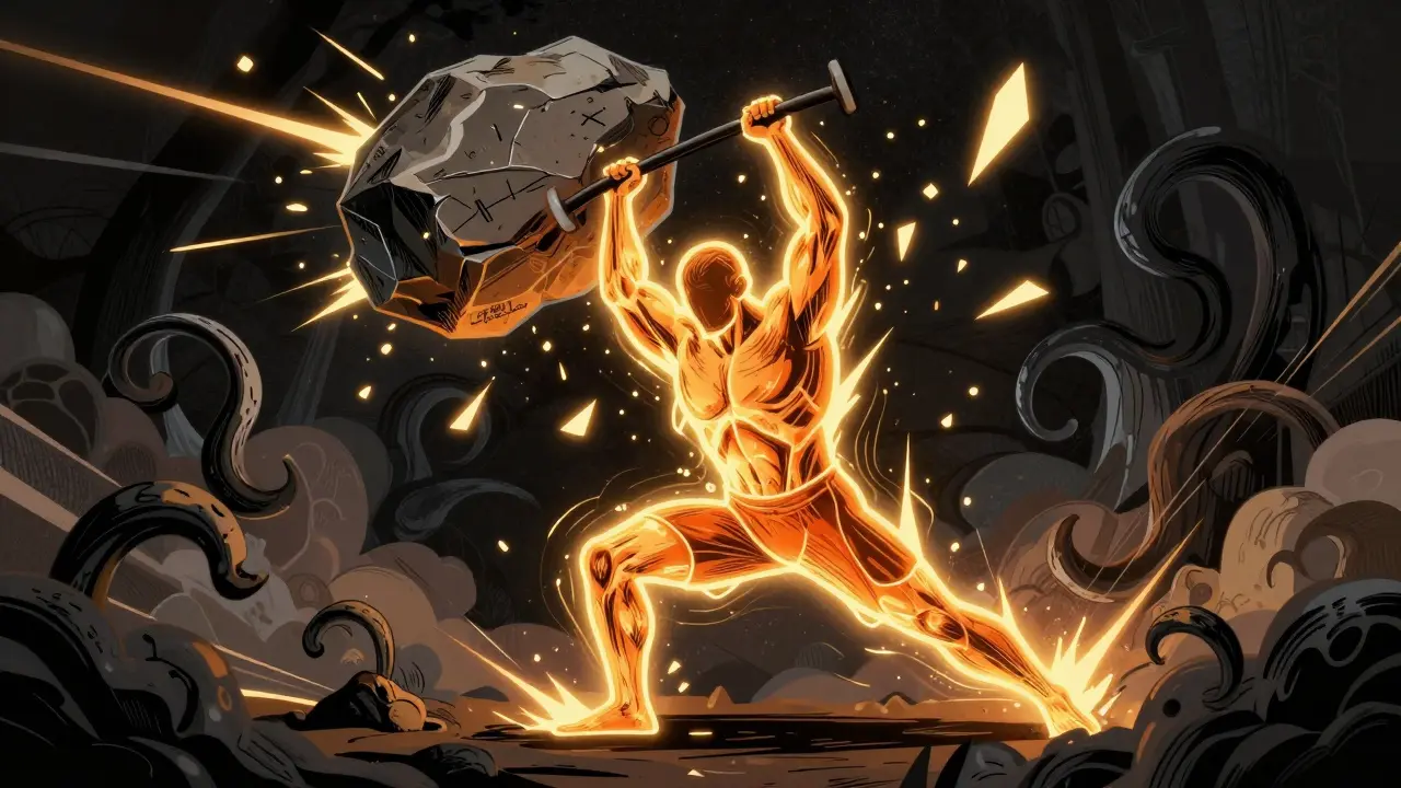 Surreal art of a glowing figure lifting weights, pushing back dark shadows