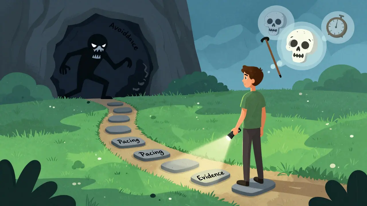 Surreal art of a person taking steps forward on a path, leaving behind a shadow monster of avoidance.