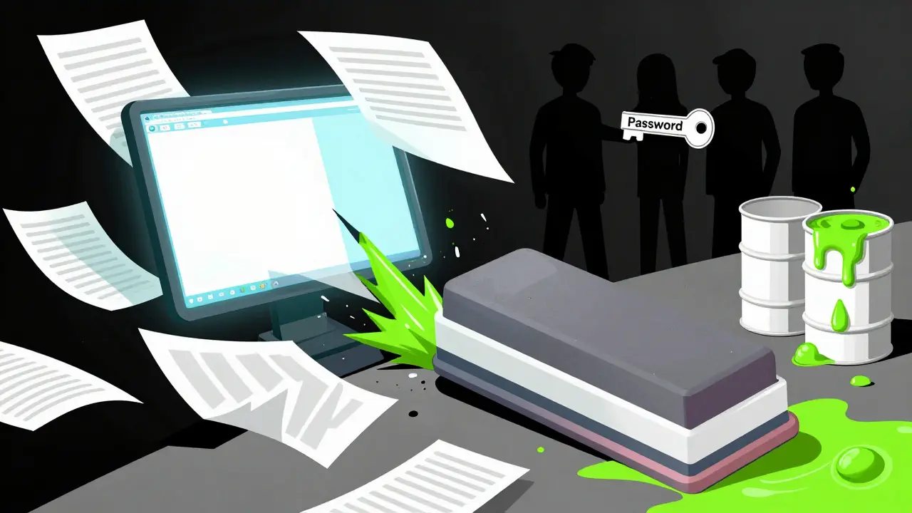Surreal art showing data erasure and shared passwords in lab