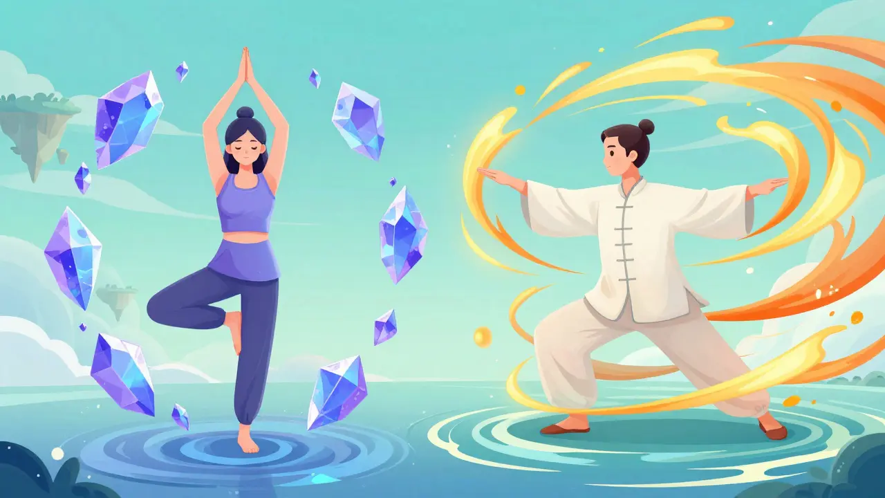 Surreal illustration comparing static yoga poses and flowing tai chi movements.