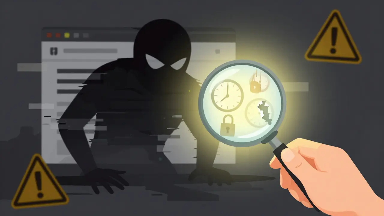 Surreal illustration of a magnifying glass revealing dangers in a dark, glitchy digital void.