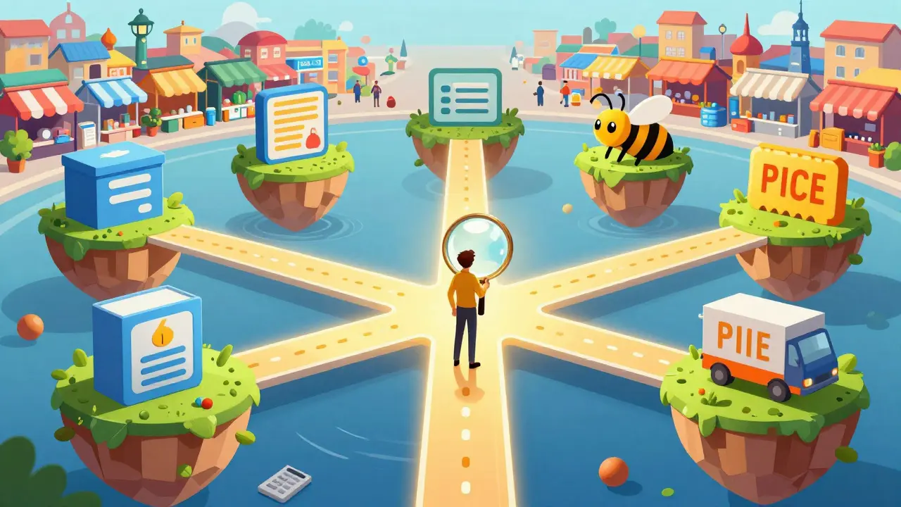 Surreal maze of pharmacy options with a glowing path to savings