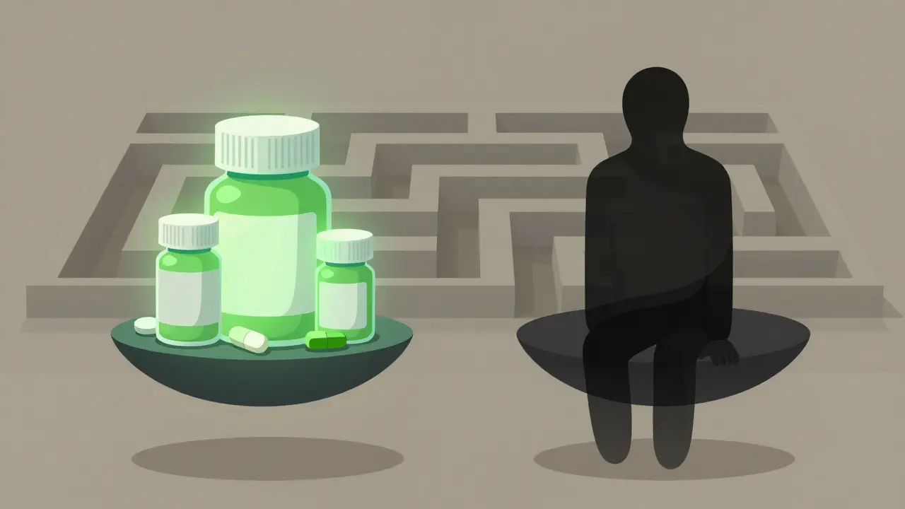 Surreal scale weighing medication savings against healthcare risks