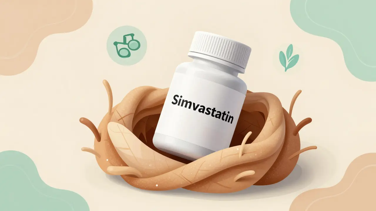 Whimsical art of a medicine bottle resting safely in a soft, protective abstract nest.