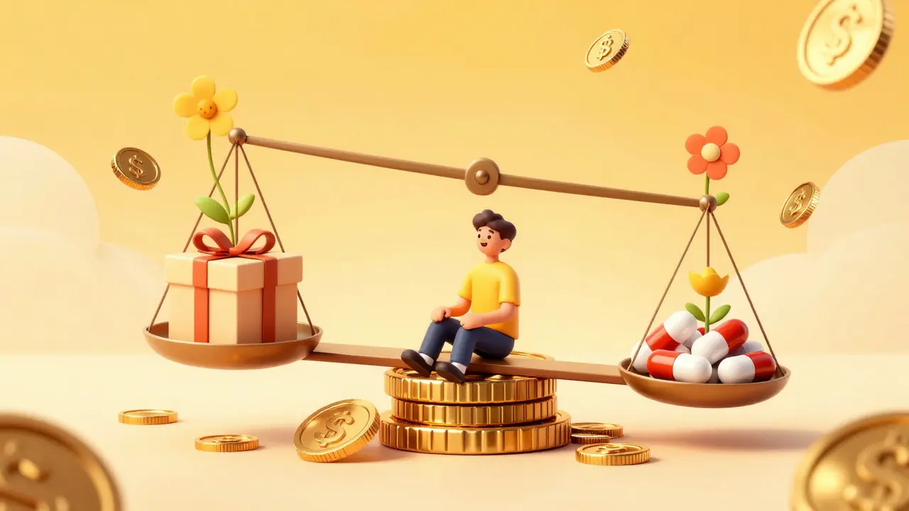 Whimsical art showing coins turning into flowers, symbolizing drug cost savings