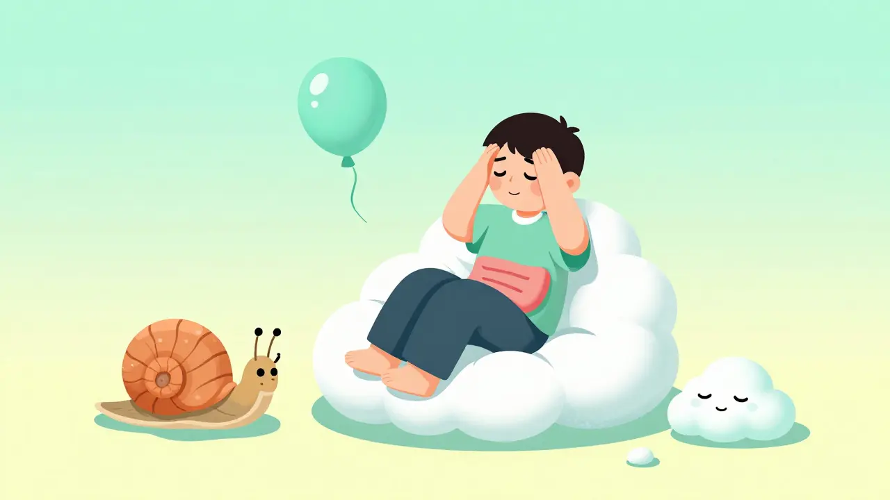 Whimsical cartoon figures representing manageable side effects like fatigue and digestion.