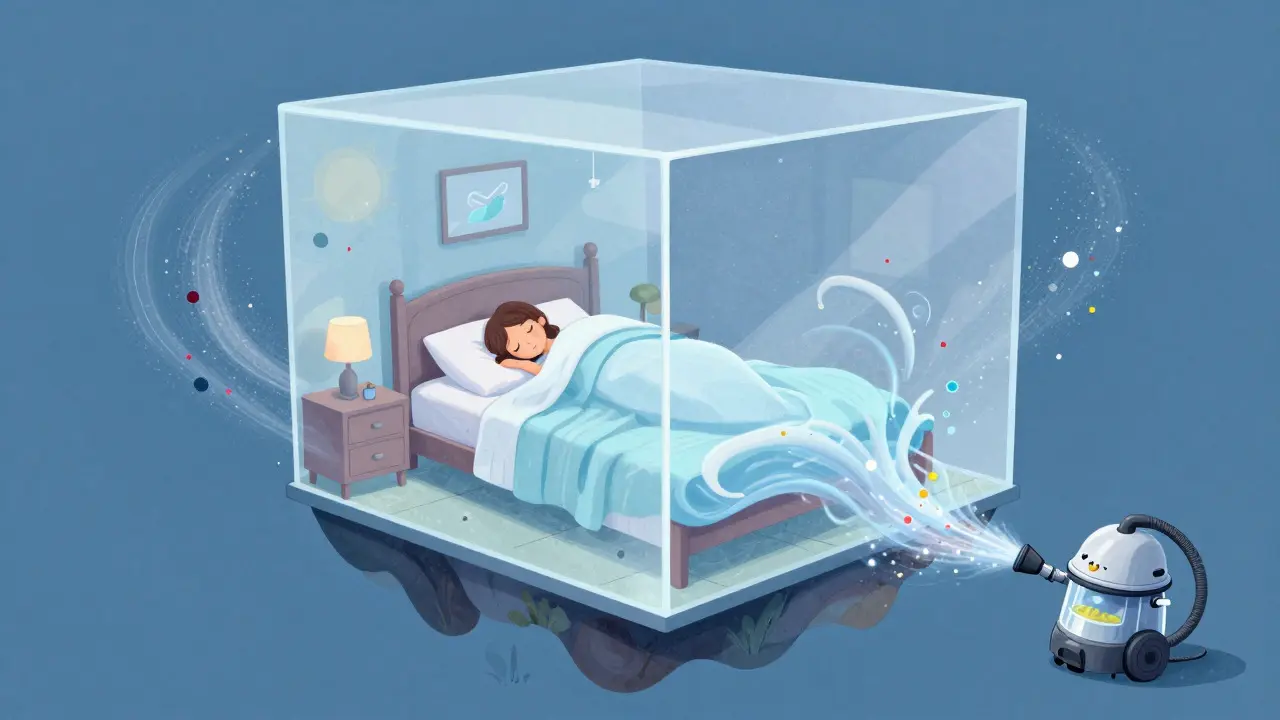 Abstract art showing a clean bedroom sanctuary protected from swirling allergen clouds