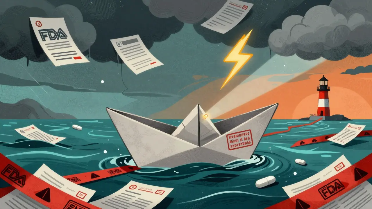 Abstract art showing a medicine package as a boat navigating seas of red tape and customs risks.