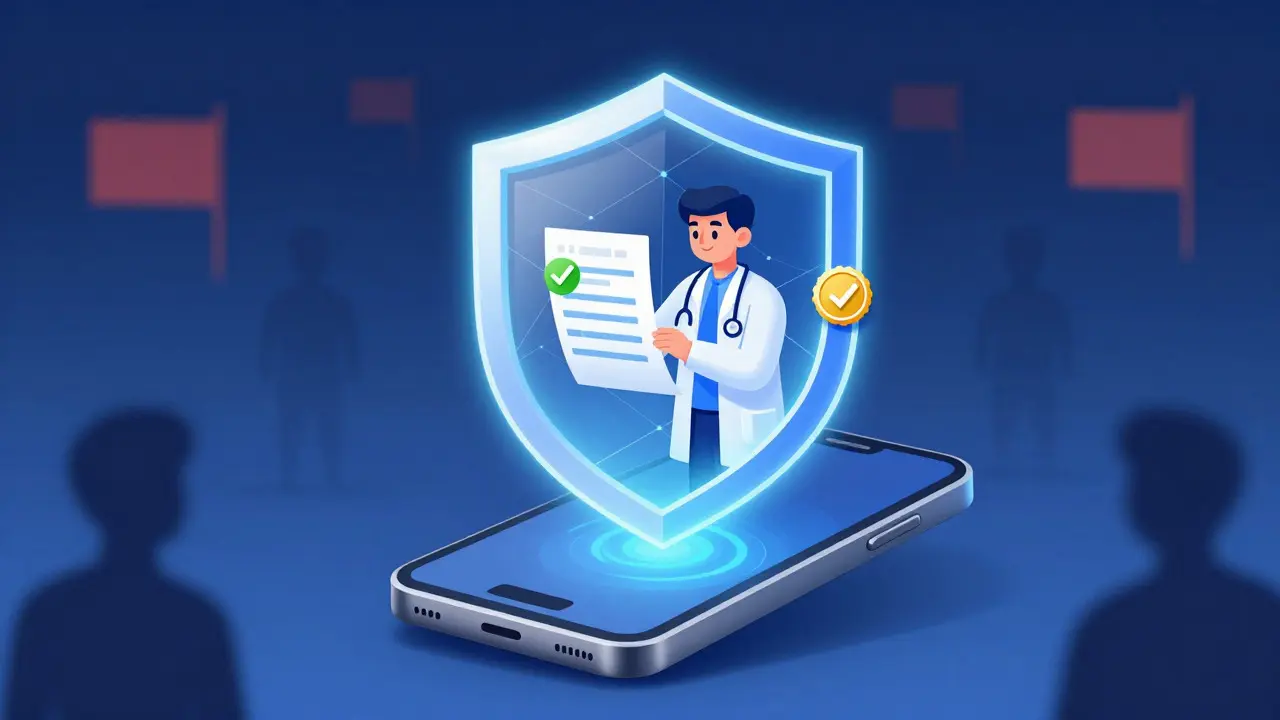 Abstract art showing a phone shield protecting a digital prescription from shadows