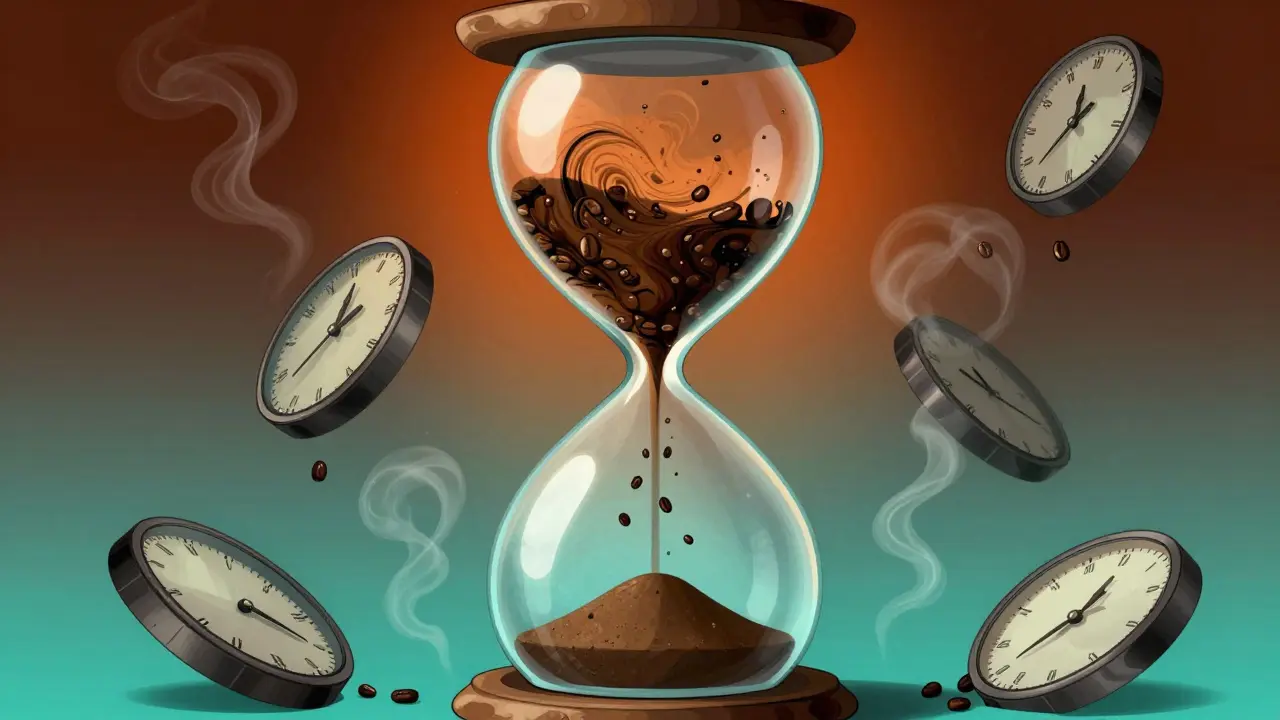 Abstract art showing an hourglass with coffee beans turning to steam, symbolizing metabolism