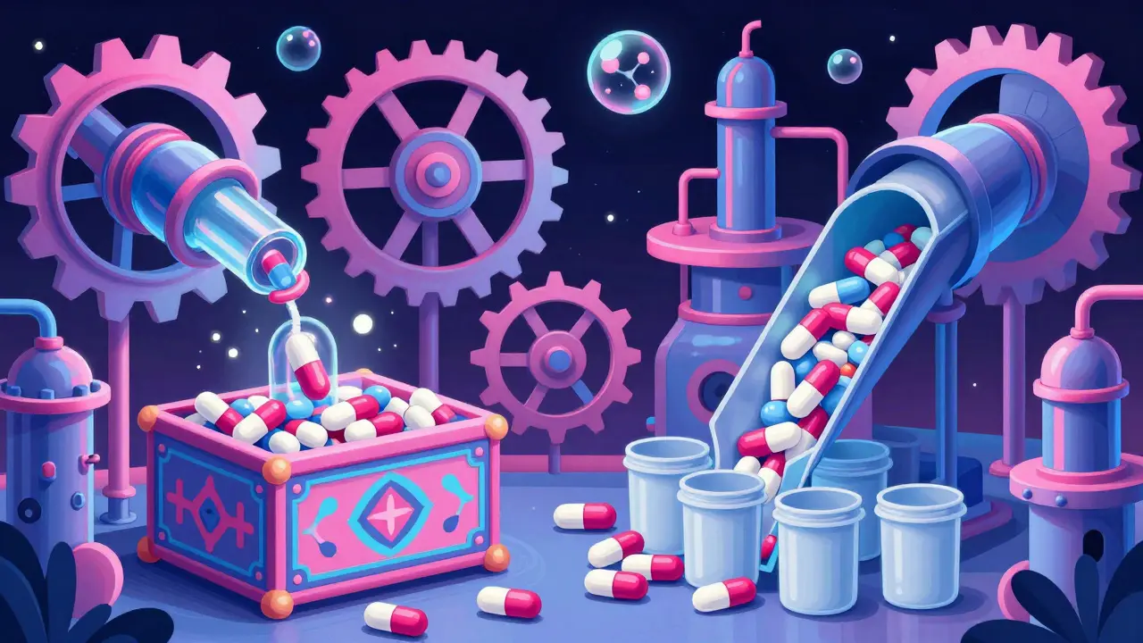 Abstract factory scene showing identical pills being packaged differently