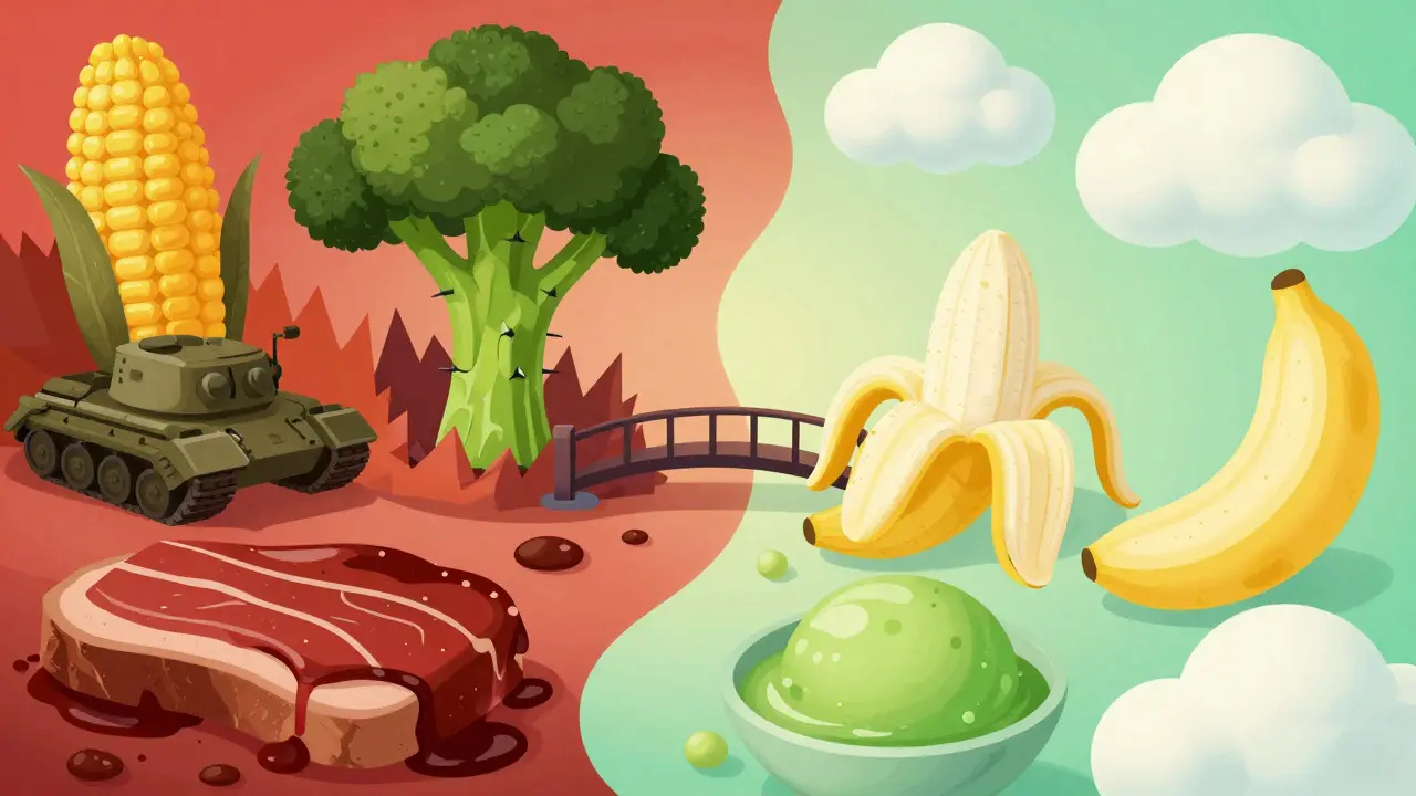 Abstract illustration contrasting hard trigger foods with soft safe foods