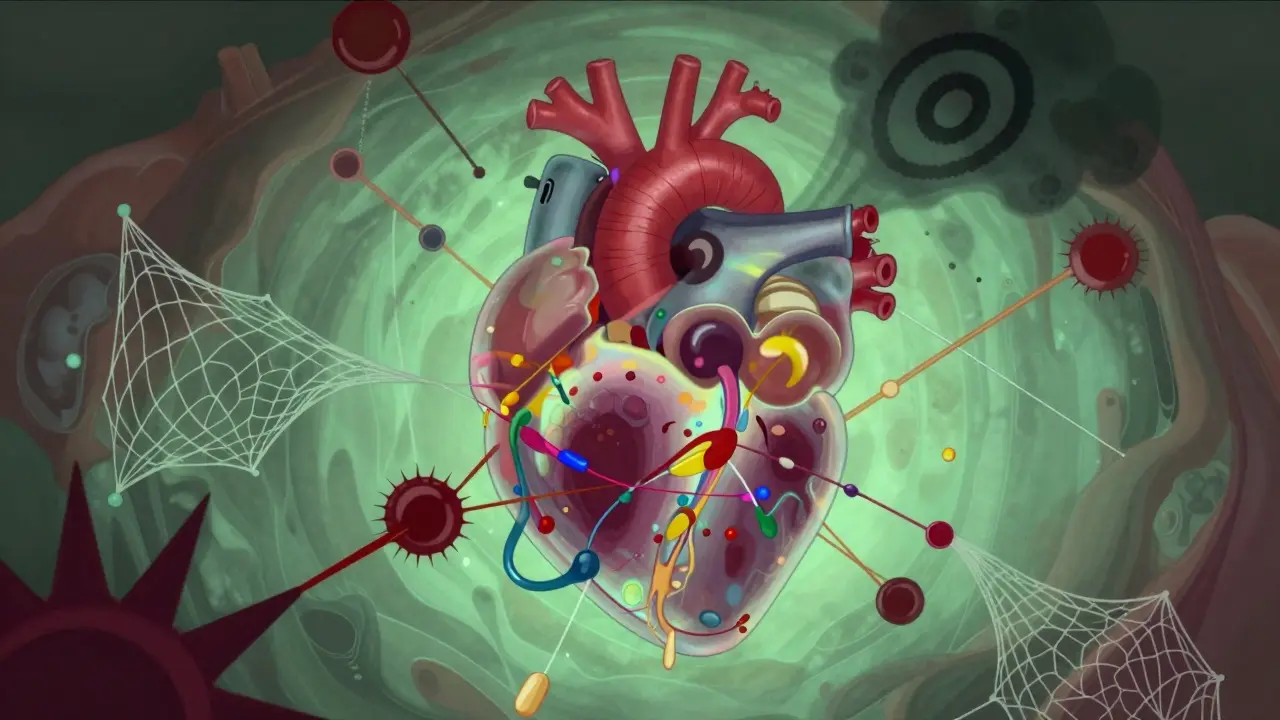 Abstract illustration of a heart tangled in medication webs and dark clouds