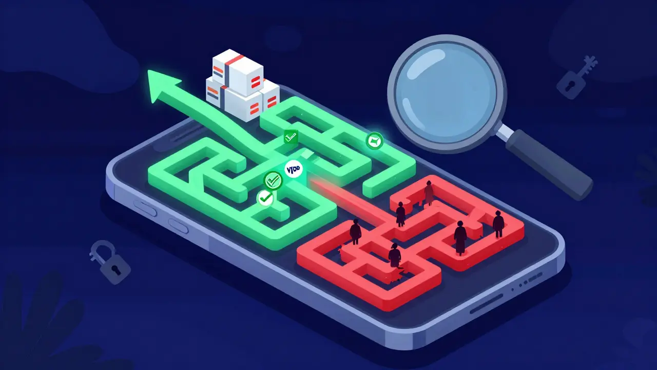Abstract illustration of a phone screen showing safe vs scam pharmacy paths