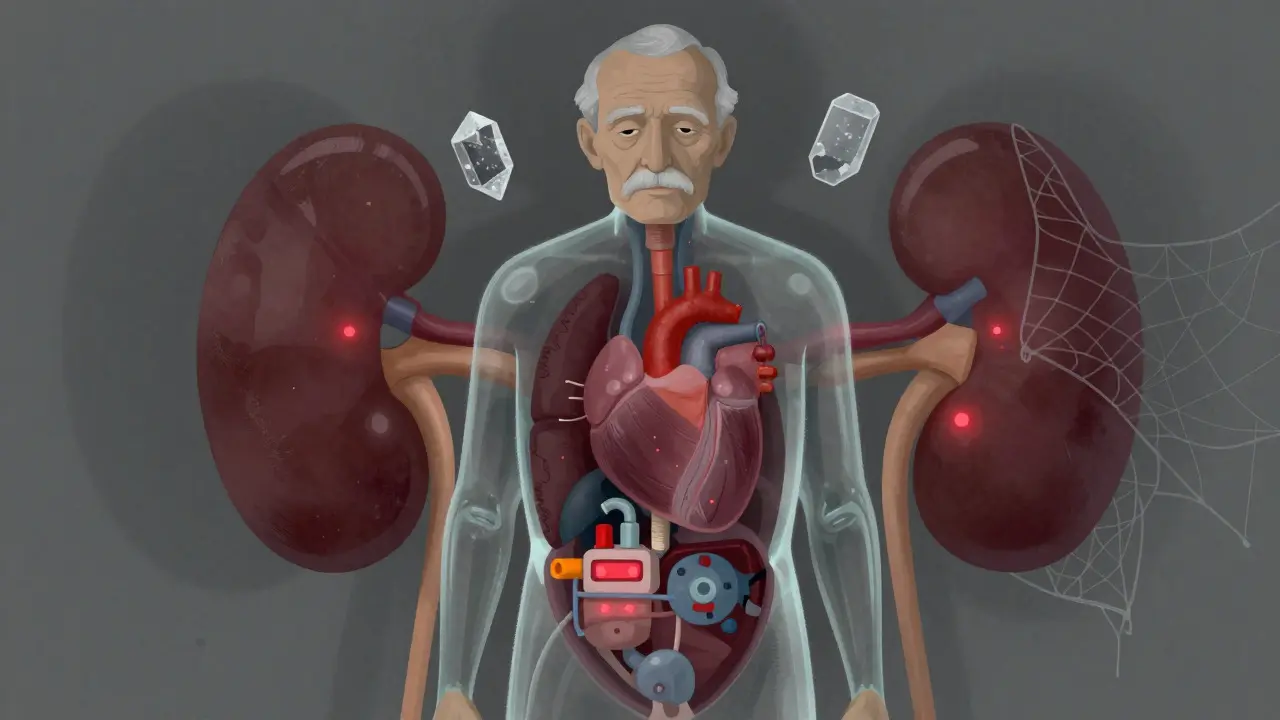 Abstract illustration of glass body with clogged kidney filters and risk shadows