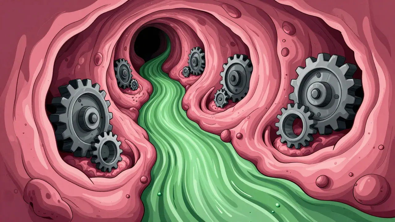 Abstract illustration showing mechanical gears constricting lung airways, representing harmful beta-blockers.