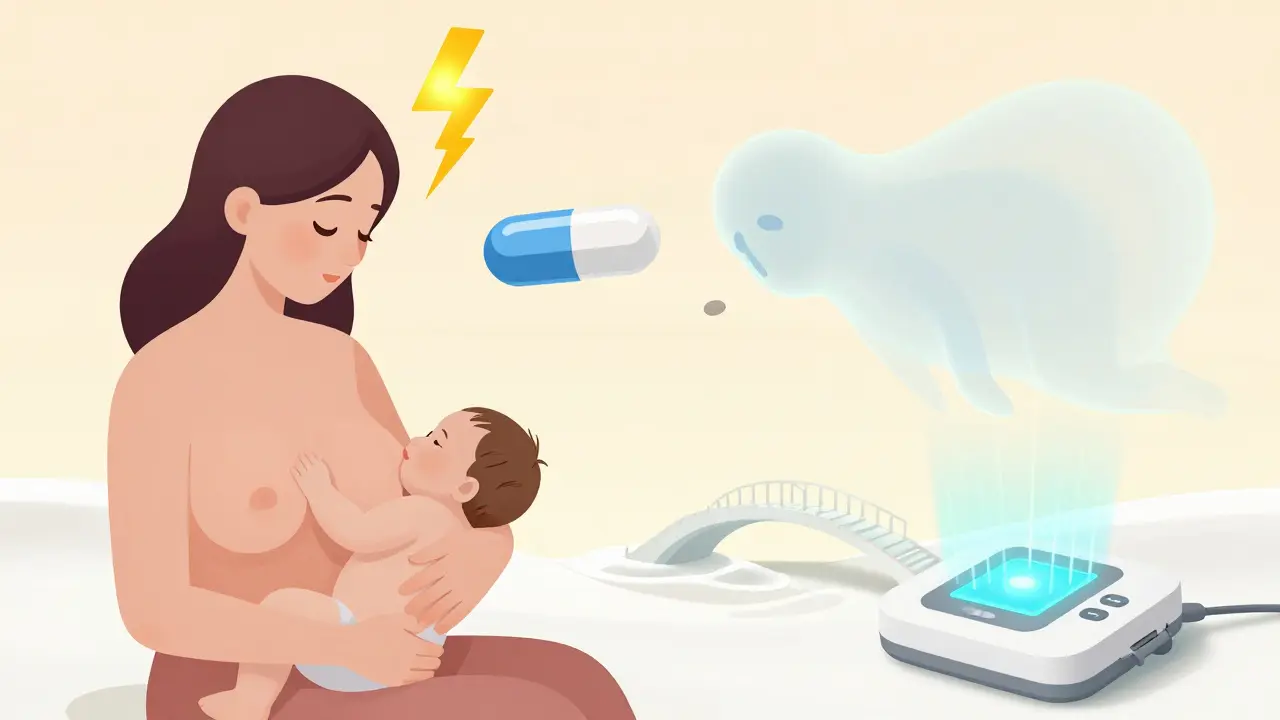 Breastfeeding mother with medicine fading away and a nerve stimulator blocking pain