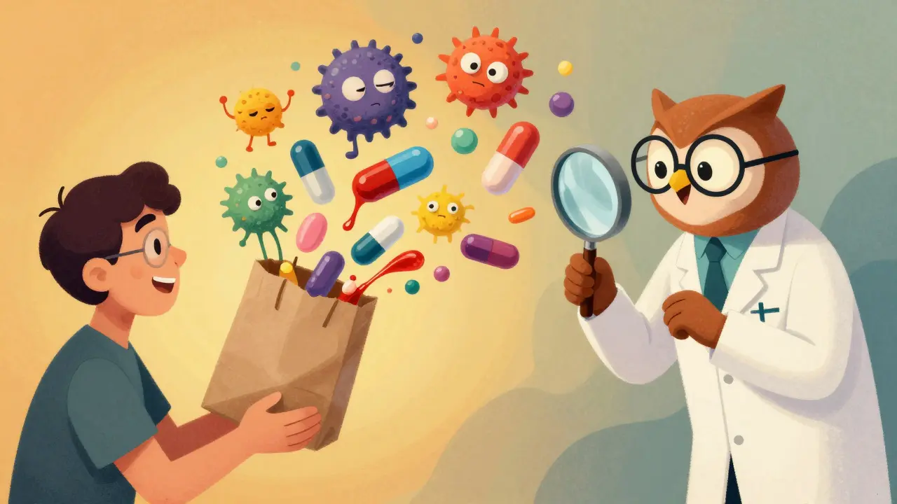Cartoon pharmacist reviewing a bag of monster-like pills, turning them into safe, simple shapes.