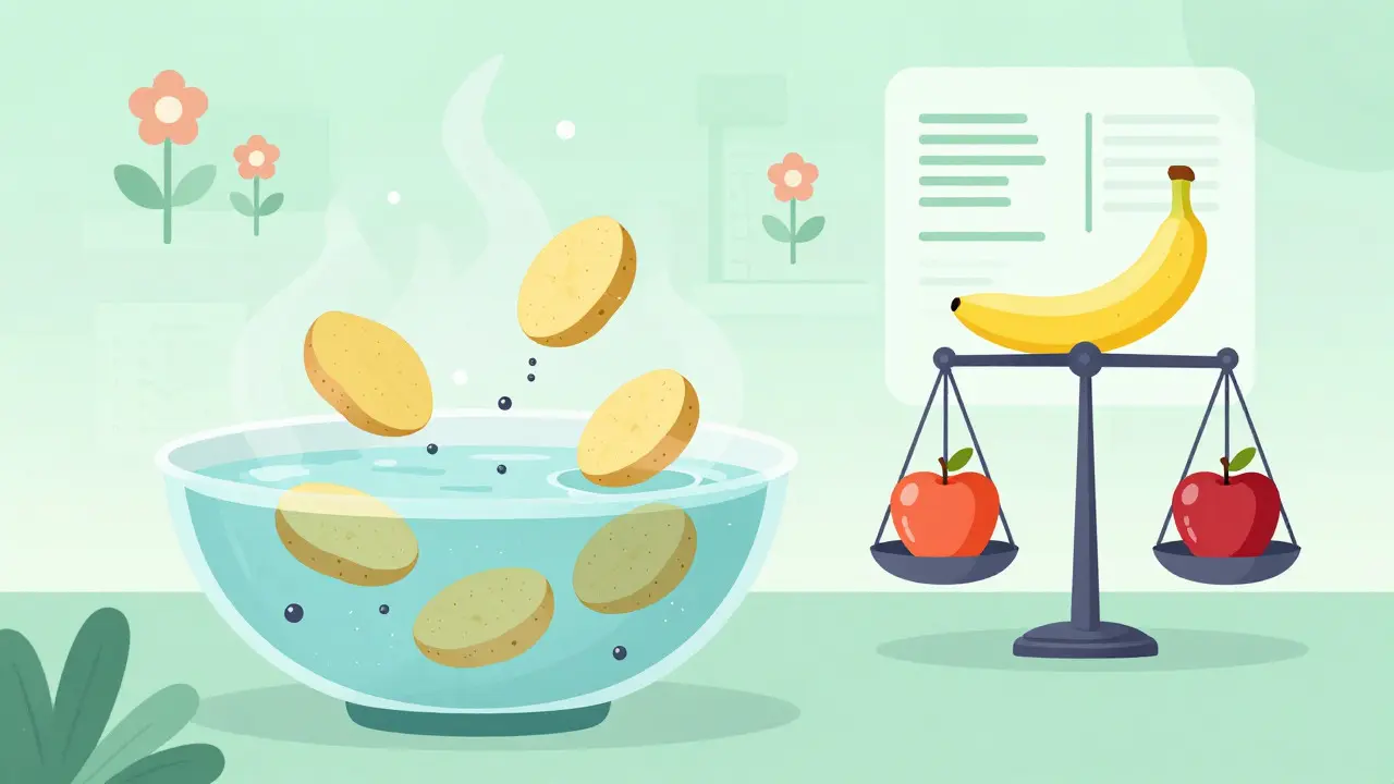 Cartoon showing potato leaching process and balanced fruit scale for diet safety
