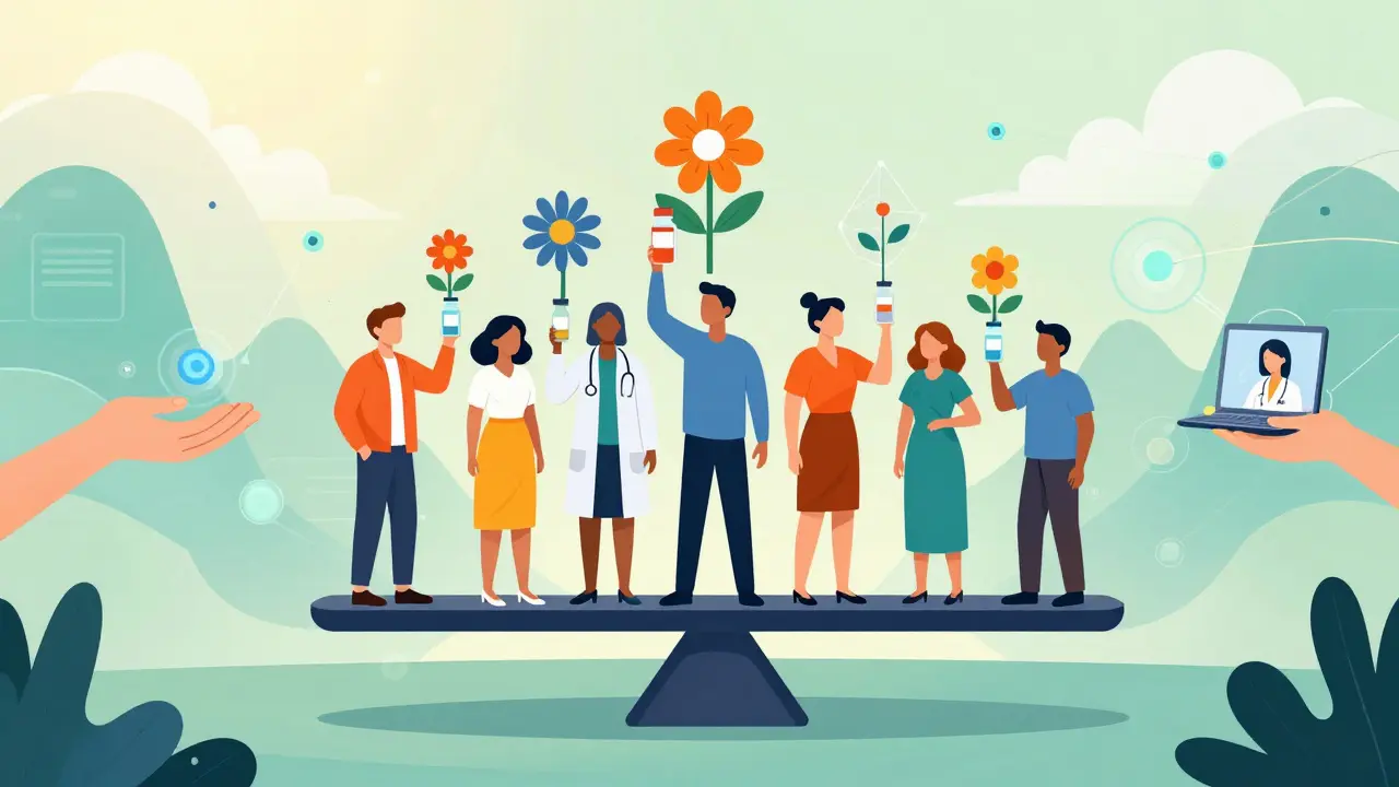 Colorful cartoon of diverse patients gaining health through professional language access