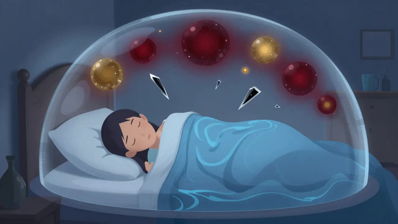 Dreamlike scene of peaceful sleep protected by a shield from disruptive energy shards
