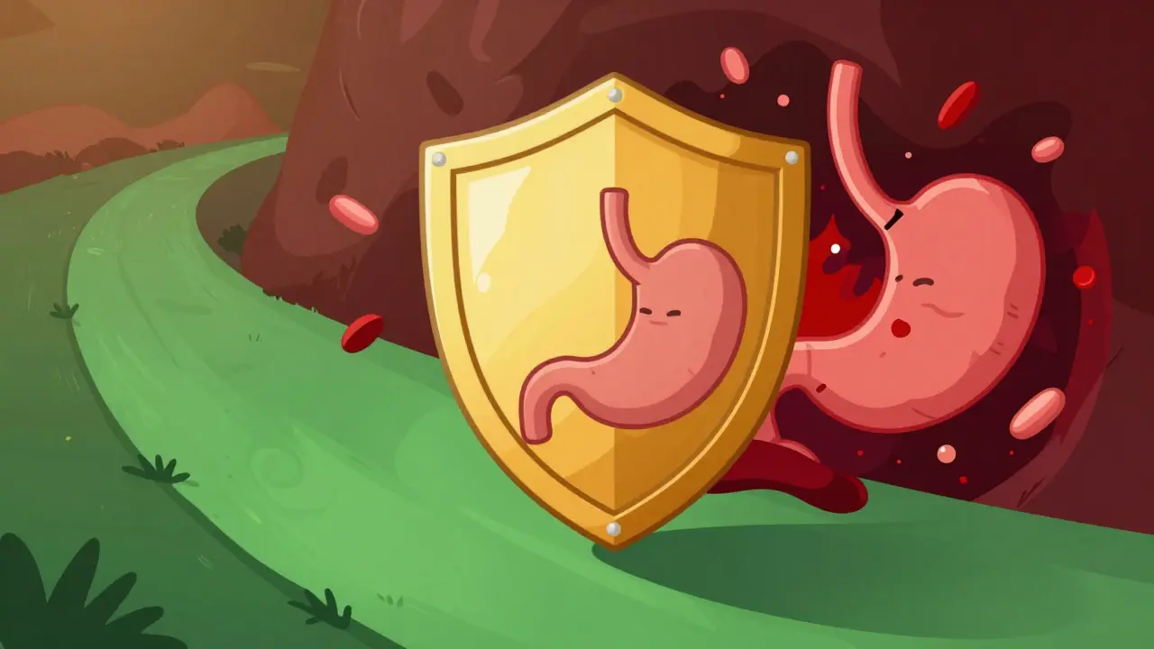 Golden shield protecting a stomach from acid shards in a colorful abstract style.