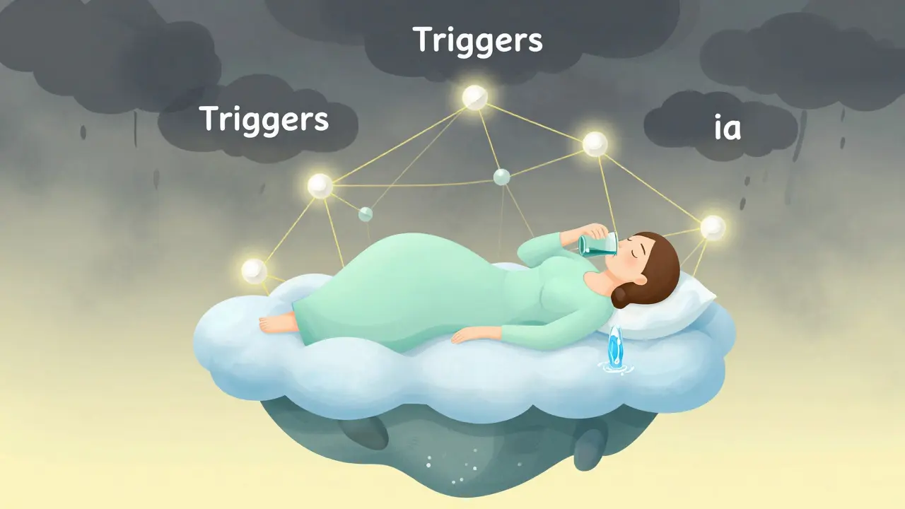 Mother resting on a cloud island protected by golden threads of natural remedies