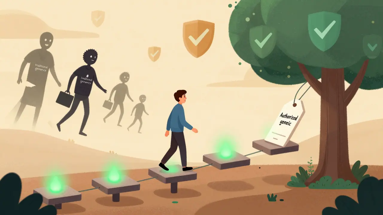 Patient walking on glowing steps representing safe cost savings