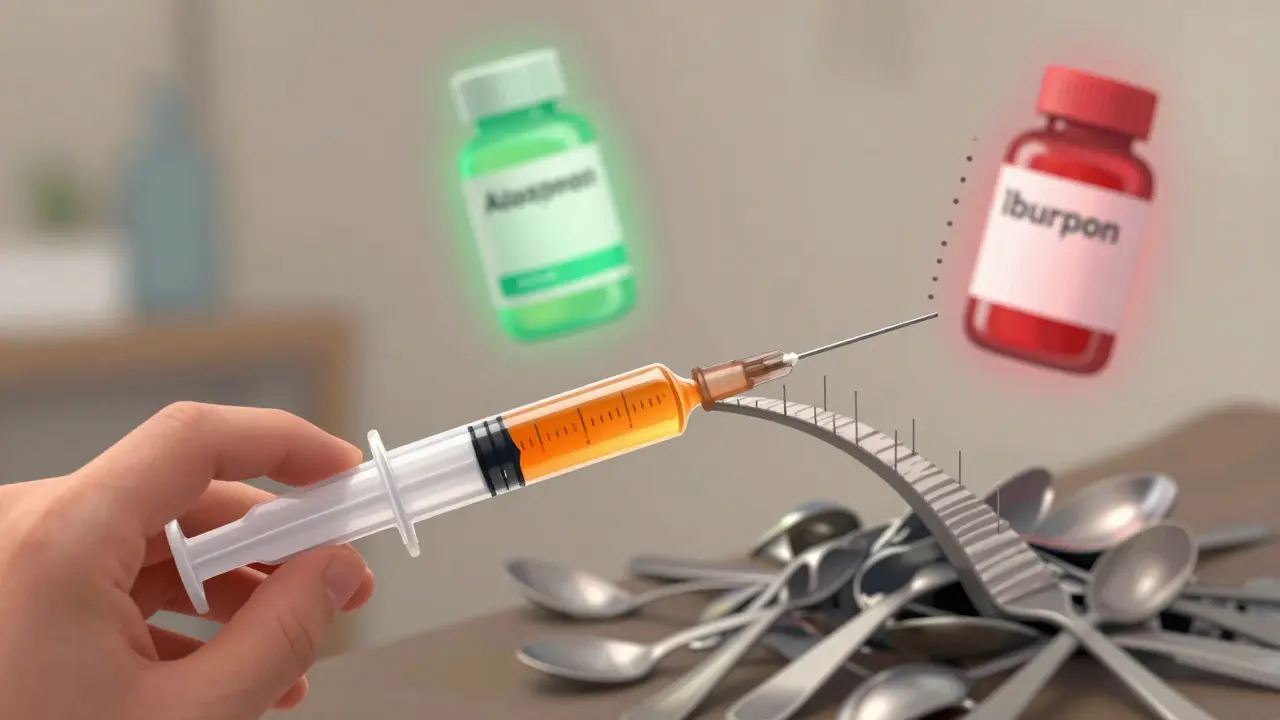 Precise syringe vs melting spoons, with floating acetaminophen and ibuprofen