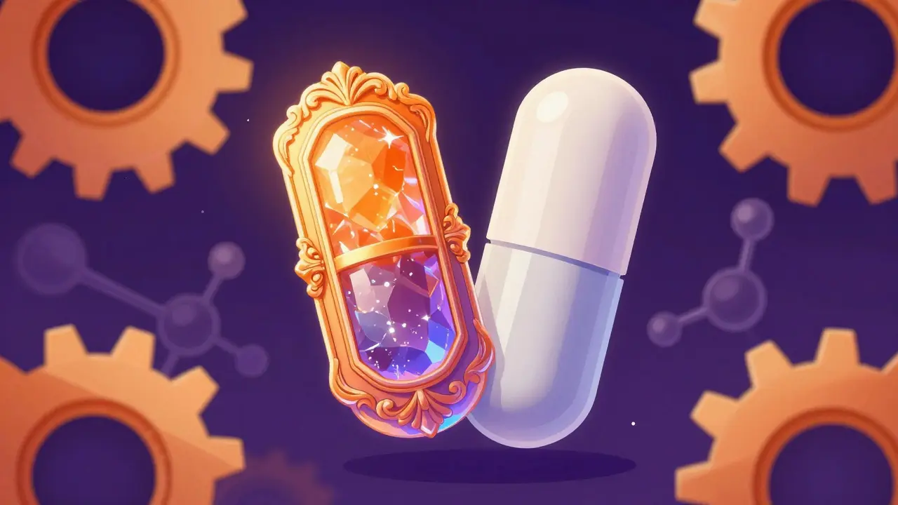 Split pill showing identical core inside different brand and generic frames