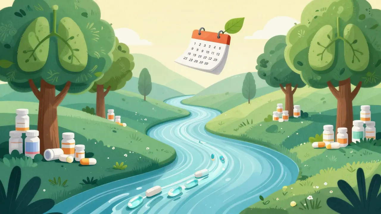 Surreal art of a river made of pills flowing through healthy green hills