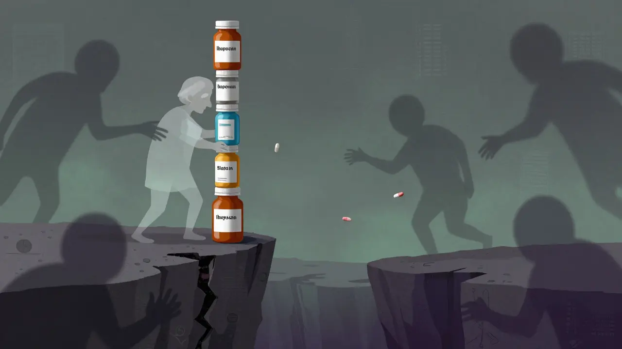 Surreal cartoon of an elderly figure balancing on a cliff of medication bottles.