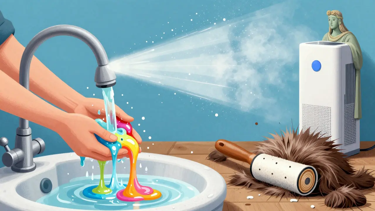 Surreal depiction of hands washing away allergens and an air purifier cleaning the air