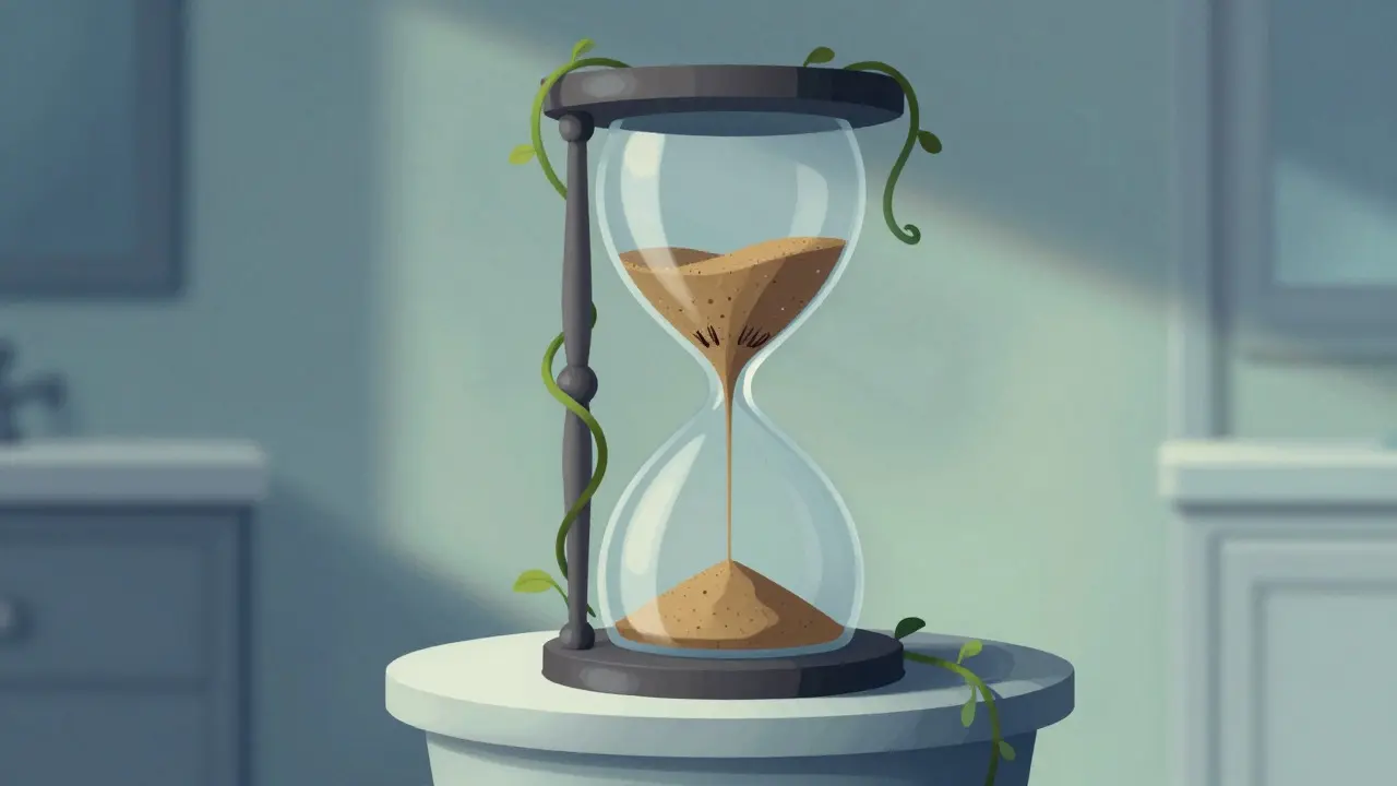 Surreal hourglass with flowing eyelashes turning into vines, symbolizing growth