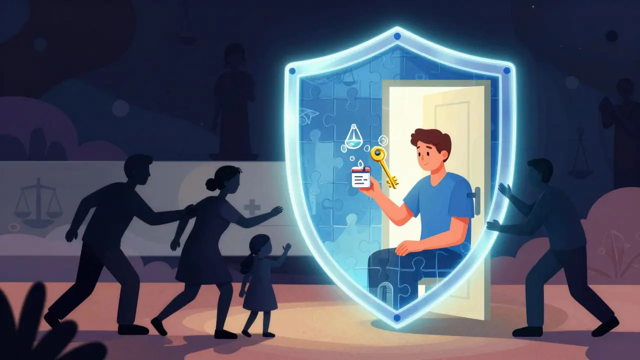 Surreal illustration of legal shield protecting patient from untrained family interpreters