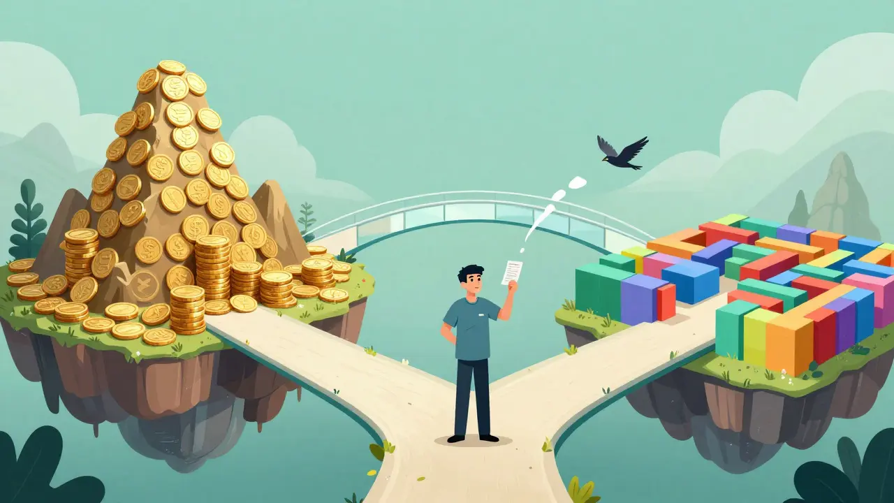 Surreal landscape depicting three medication paths for a patient