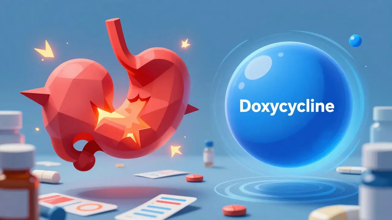Abstract art contrasting sharp red and smooth blue shapes representing drug formulations.