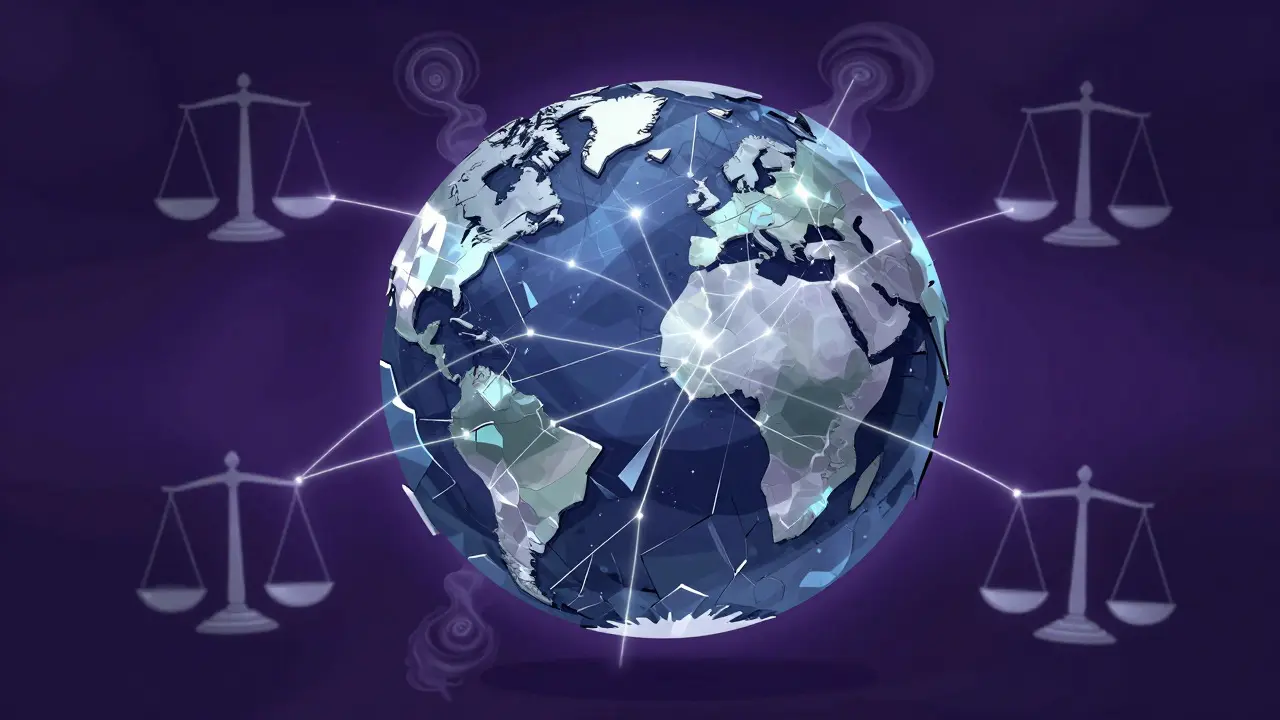 Abstract art of a shattered globe with breaking supply chain threads and scales of justice
