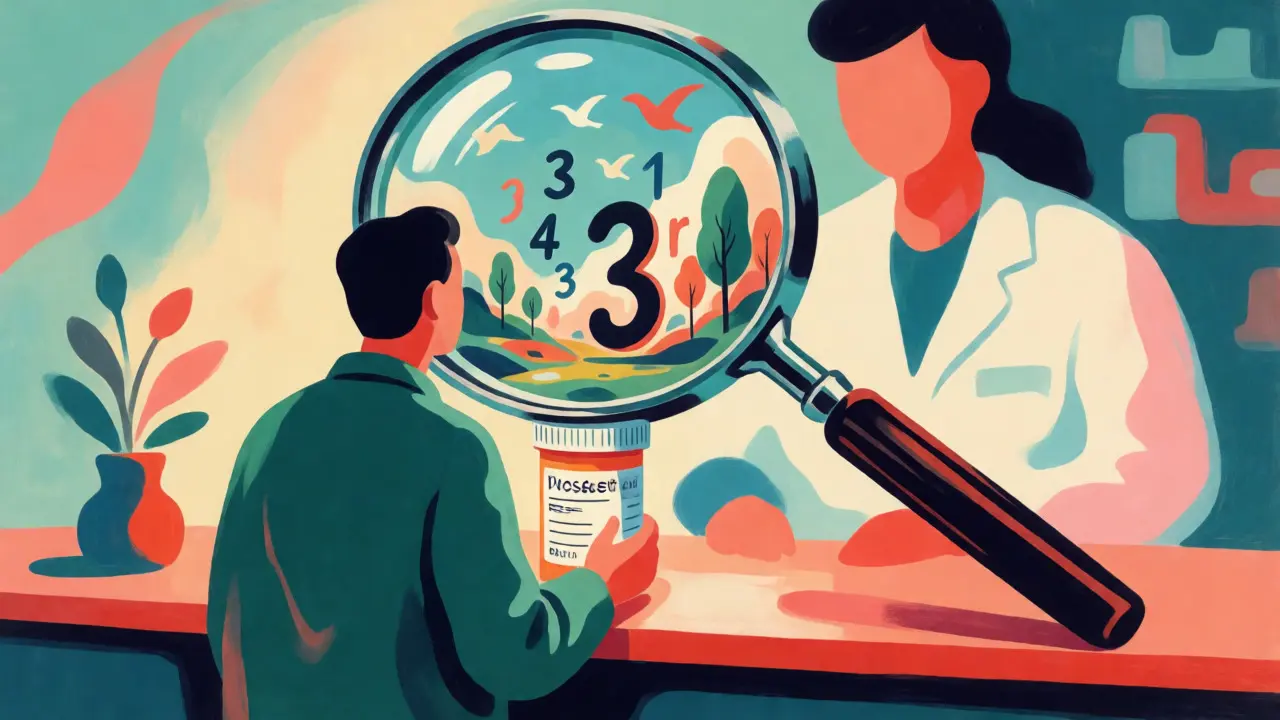 Abstract art showing a patient verifying a label through a giant magnifying lens