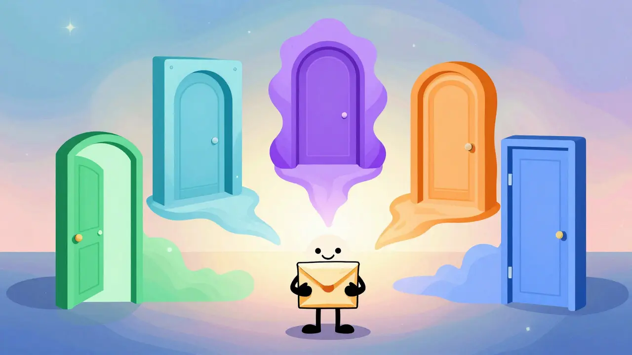 Abstract cartoon of colorful digital portals converging on a person holding a package