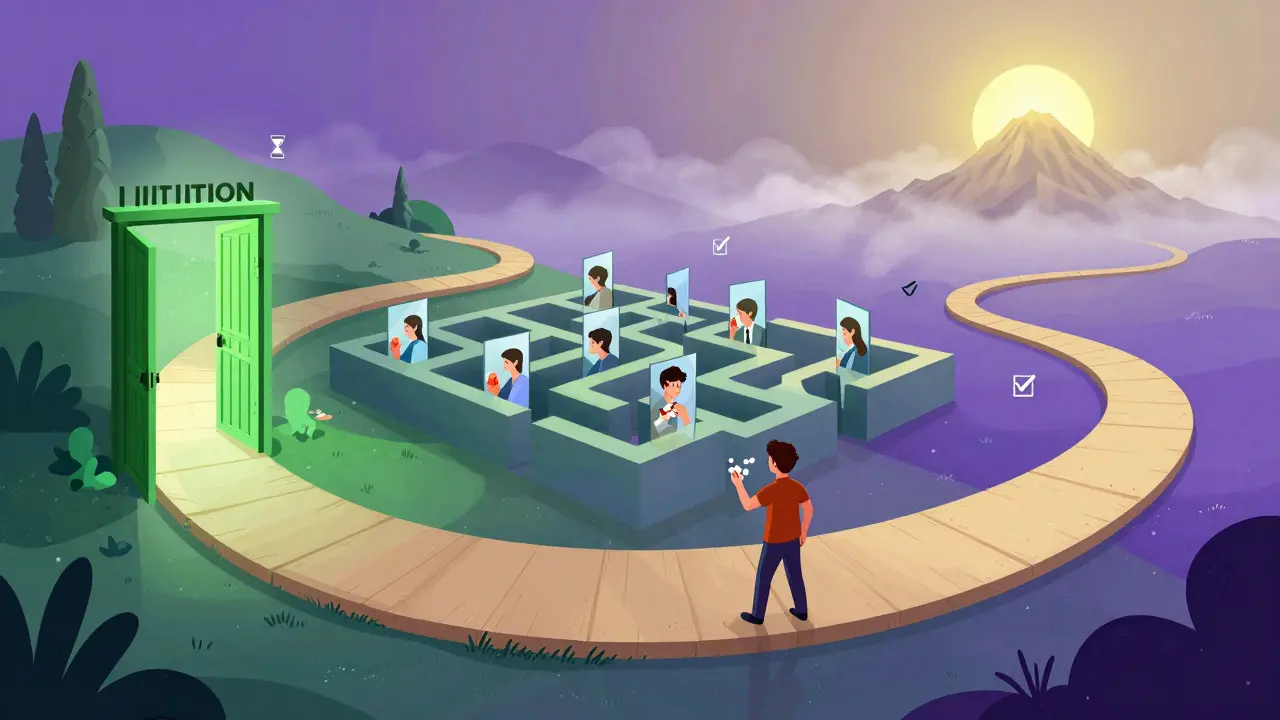 Abstract cartoon showing a winding path representing medication adherence phases.