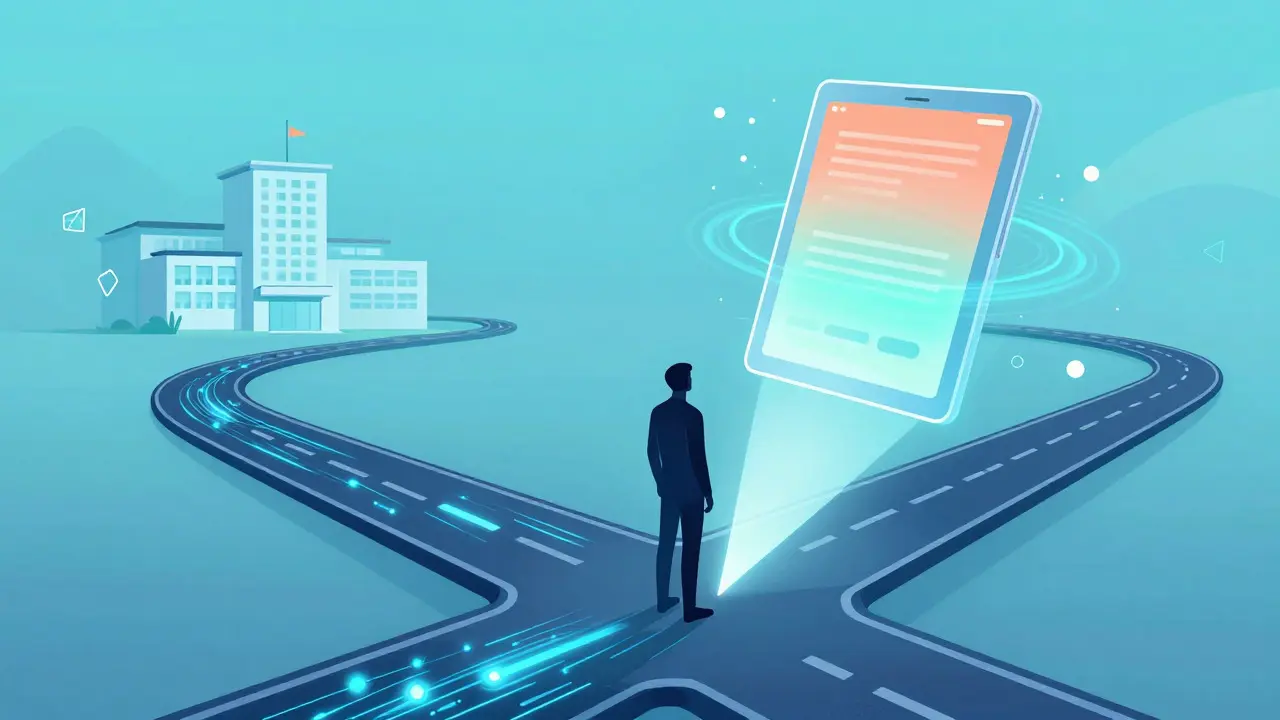 Abstract illustration of a person choosing between a long road and a direct digital health connection