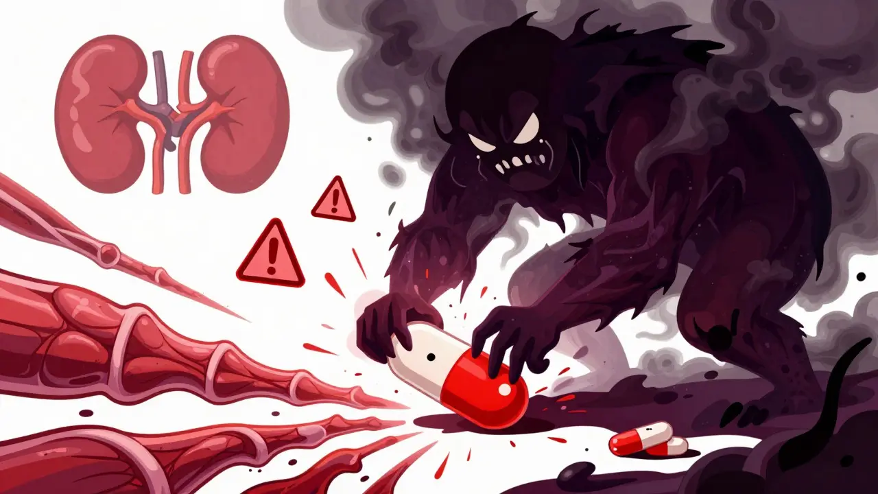 Abstract illustration of antibiotic monster crushing statin pill causing muscle damage