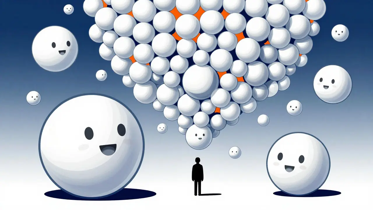 Abstract illustration of white pills forming a towering structure