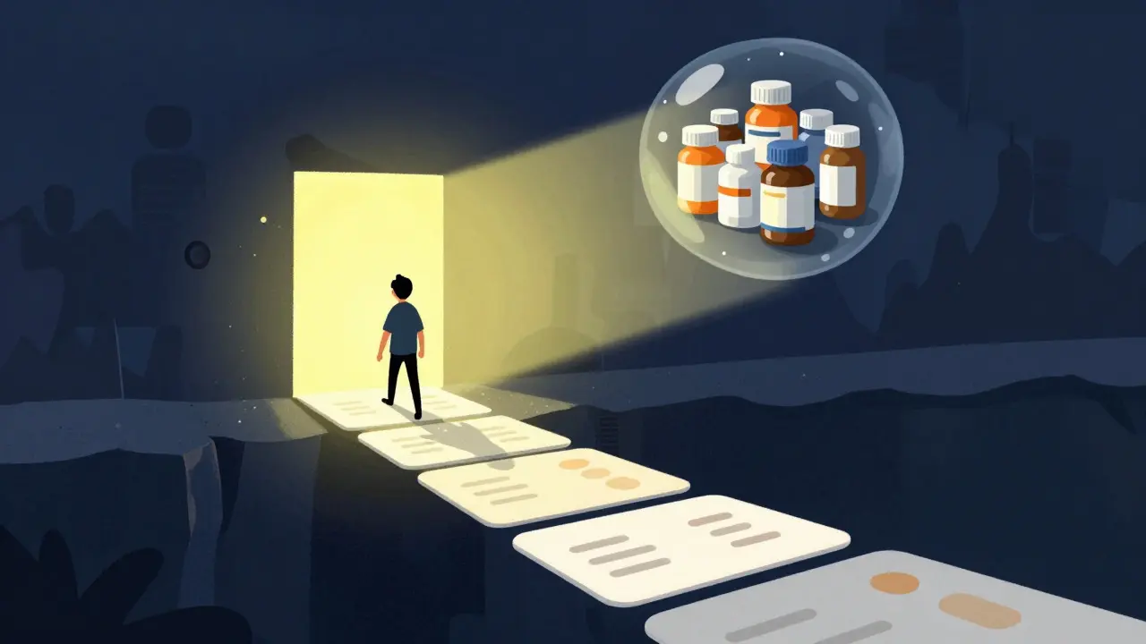 Cartoon figure crossing a bridge to a safe harbor of medicine bottles, avoiding shadows