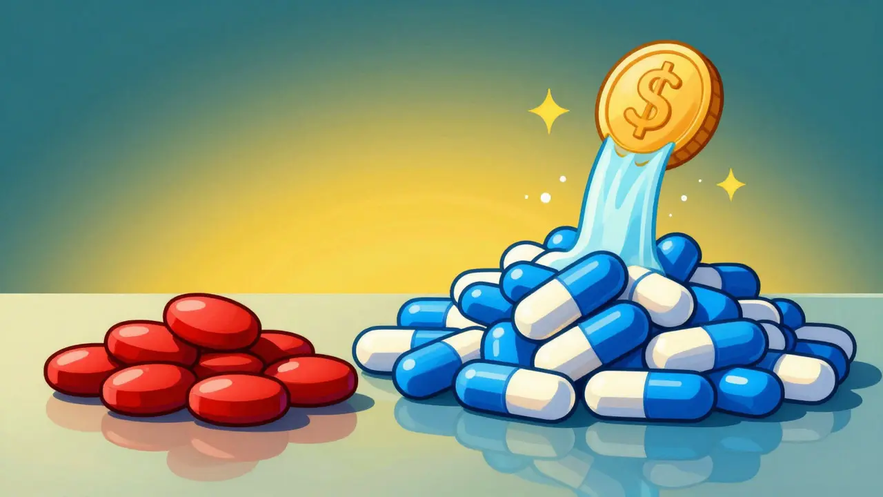 Comparison of expensive brand pills versus affordable generic pills in abstract art
